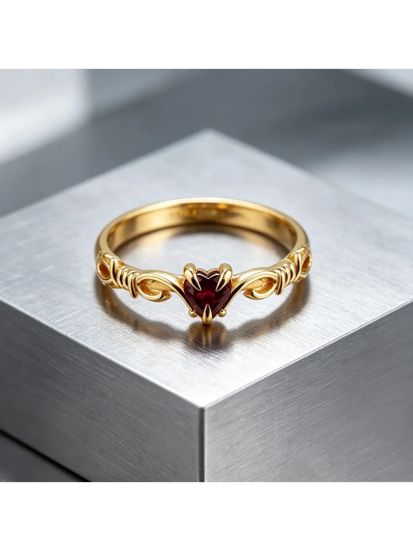 Four Prong Heart Shaped Wine Red Gem Scroll Wrapped Thin Gold Wedding Band, Retro Vine Eternity Band, Sweet Romantic Birthday Gift for Young Girls, Daily Stackable Women Jewelry, Perfect for Valentine Confession and Christmas Dinner Occasions