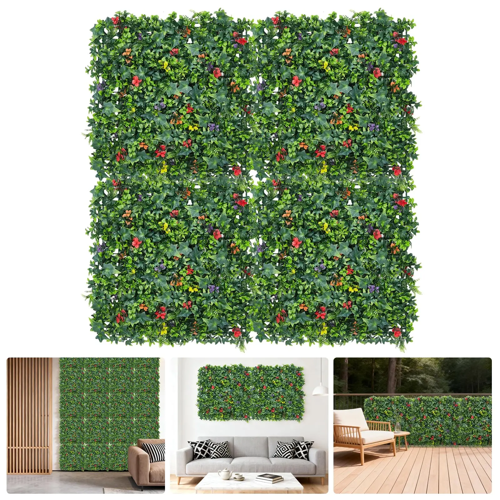 GARVEE Artificial Green Wall Panels 50x50cm Set of 4 with Red Berries, Decorative Privacy Screen Trellis for Indoor and Outdoor Wall, Garden, Terrace Decoration