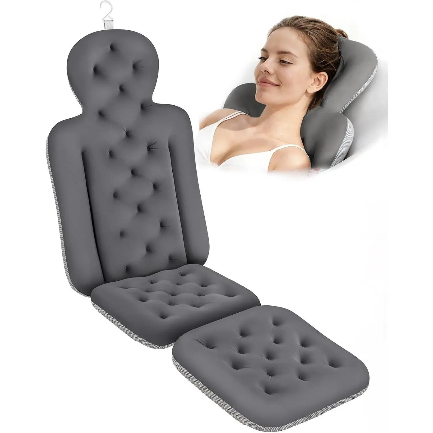 Dark Gray Full Body Bath Pillow - 51"x16" Bath Cushion with 160 Suction Cups, Head Support & Laundry Bag