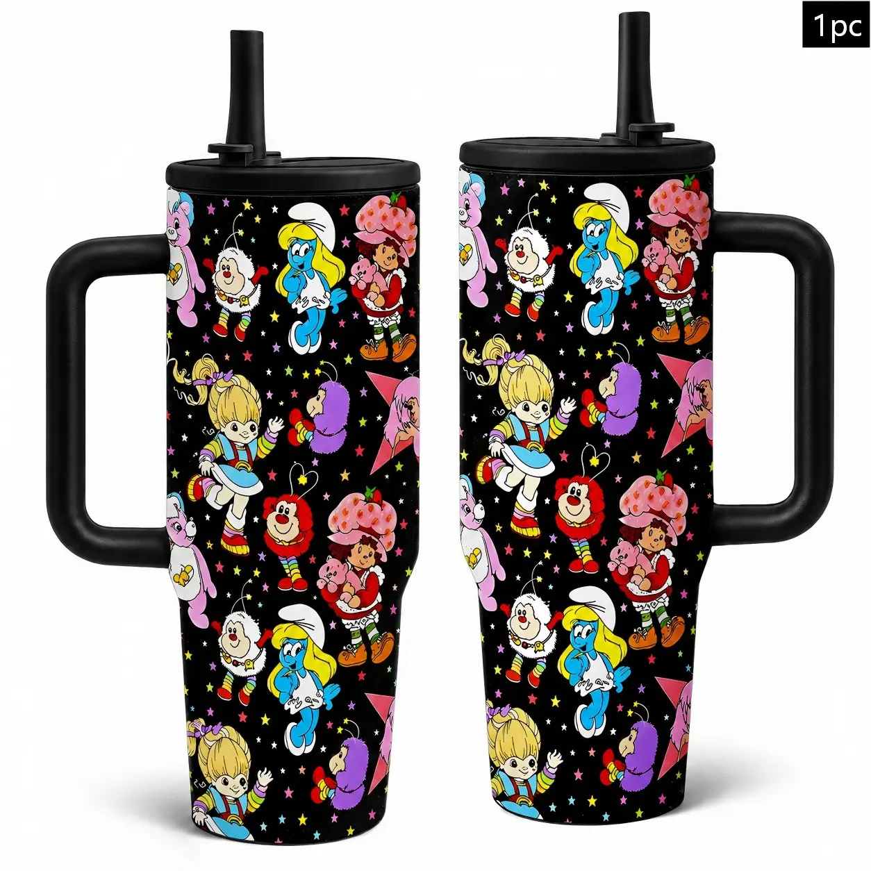 1pcs 40oz Vintage 80s Cartoon Collage Tumbler With Handle & Straw, Retro Rainbow Brite Smurfette Strawberry Shortcake Print Stainless Steel Insulated Travel Cup, Nostalgic Gift For 90s Fans