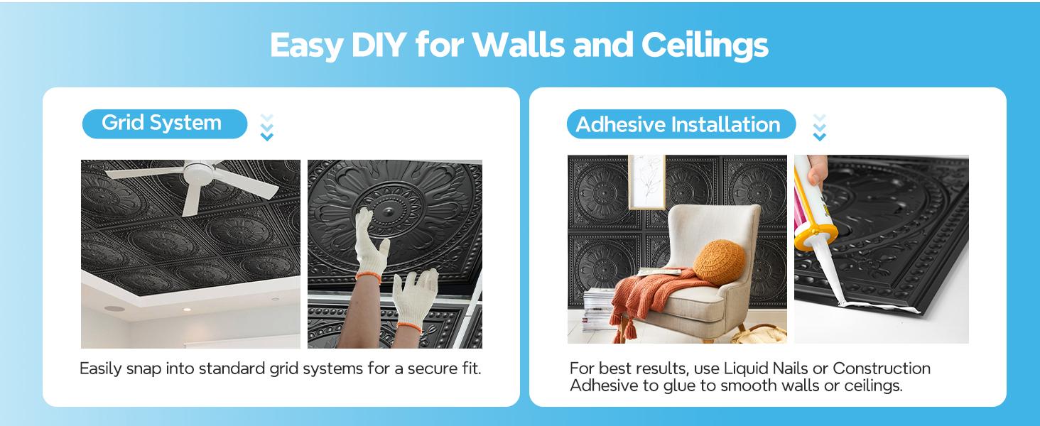 Drop Ceiling Tiles 24"x24", PVC Panels Ceiling Tiles Waterproof Reusable, Covers 48 Sq.Ft., Baroque Decorative Tiles for Home & Use (Pack of 12, Black)