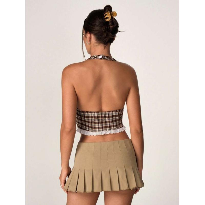 Plaid Halter Crop Top Women Lace Trim Button Front Y2K Cute Summer Going Out Top