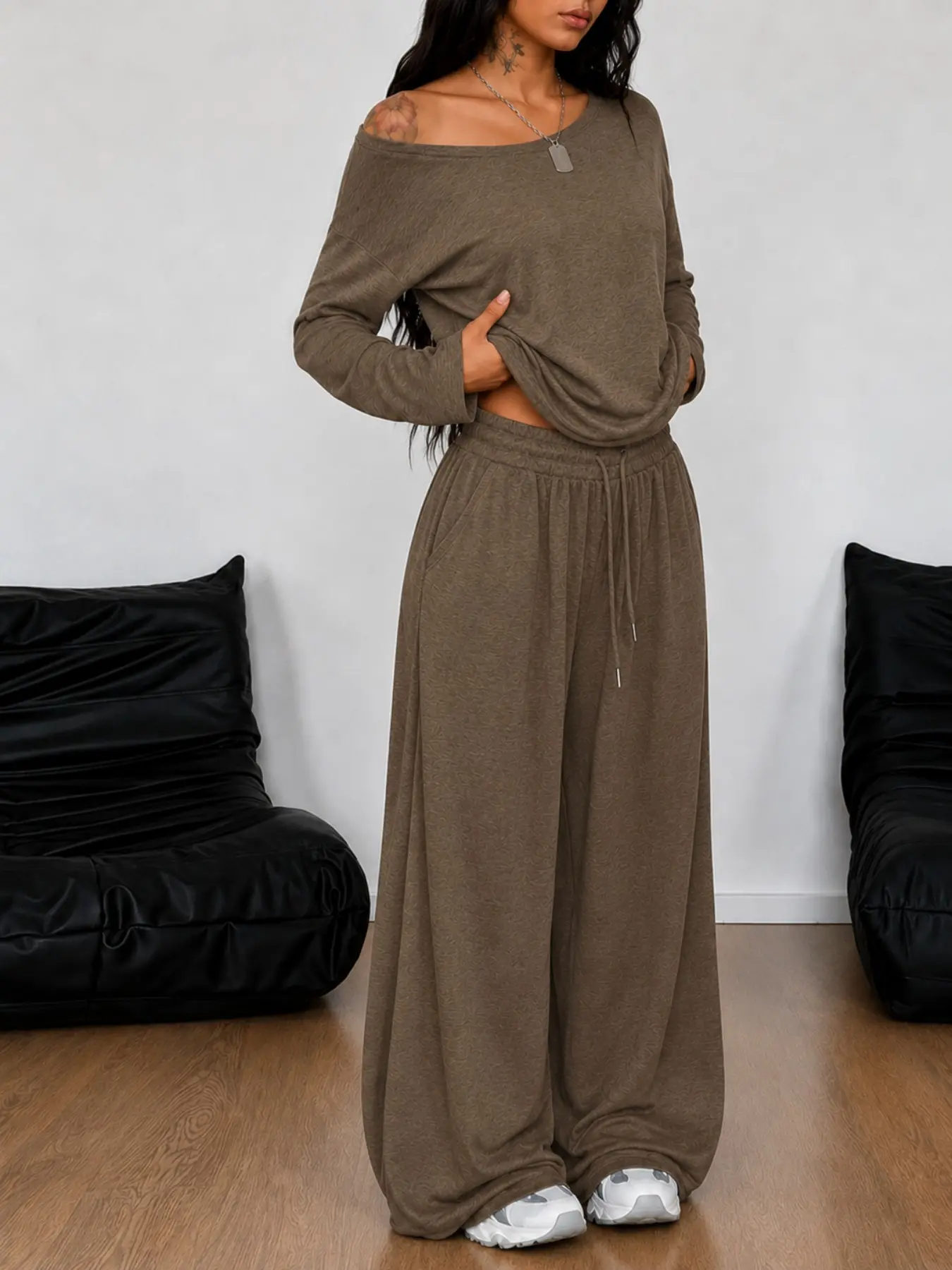 Women's Two-Piece Knit Casual Set, Loose Long Sleeve Top, Wide Leg Pants, Comfortable Home Wear, Fall Winter Fashion