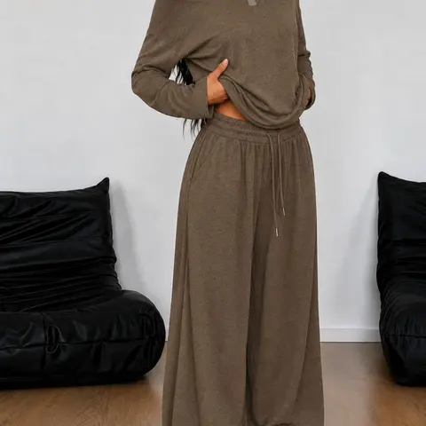 Women's Two-Piece Casual Set Loose Baggy Long Sleeve Top & Wide Leg Pants, Matching Outfit Set, Comfortable Home Wear, Fall & Winter Fashion