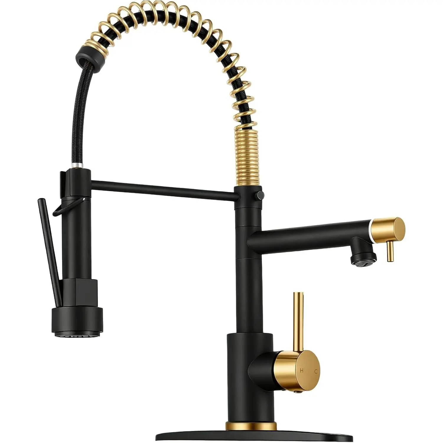 Kitchen Faucet with Pull Down Sprayer, 2-Spout, Black &  | Commercial Spring Design, SUS 304 Stainless Steel,  Lock, Single Handle, 1 or 3-Hole Installation, Deck Plate Included