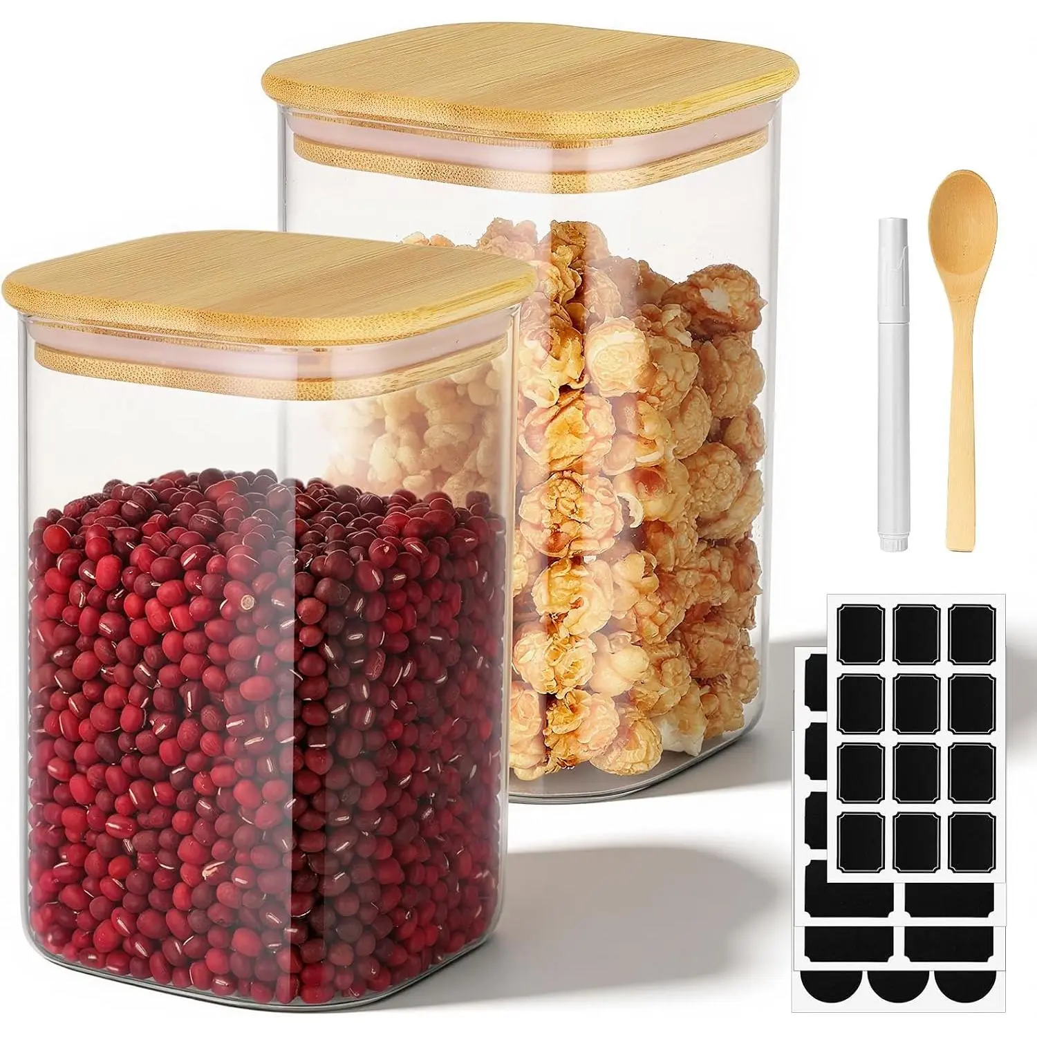 Glass Canisters with , 2 Pack 37 Fl.oz Square Glass Jars with  , Flour Sugar Containers for Kitchen Pantry Storage, , Coffee Bean, Pasta - Set Includes Label, Marker and Spoon
