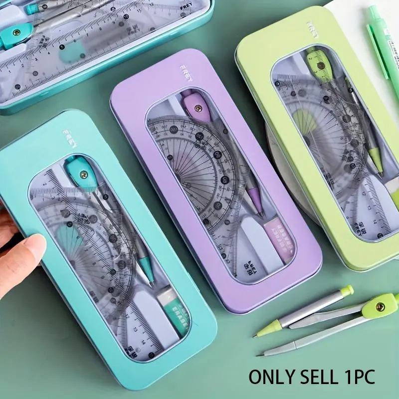 7-In-1 Measuring And Drawing Tool Set • A Durable • Perfect for Students And Professionals • Ensuring Accuracy And Portability • Including a Compass, Protractor, Ruler, And Eraser • Portable Measuring Tool