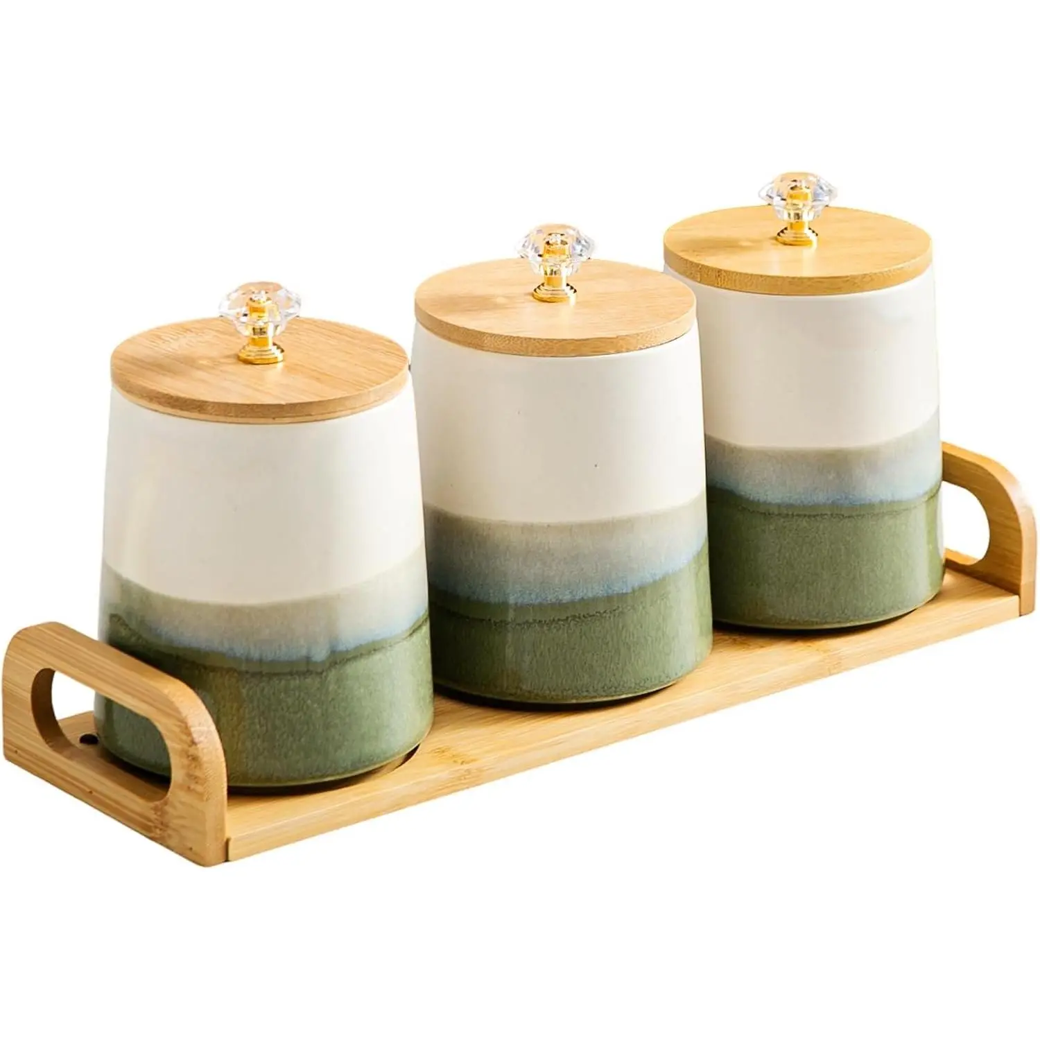 Ceramic Canisters Set with Airtight , 22 oz Coffee Canisters Sets for the Kitchen, Large Jars for Flour, Sugar, Pasta, Coffee, Cookies,  - Set of 3 - Green and White