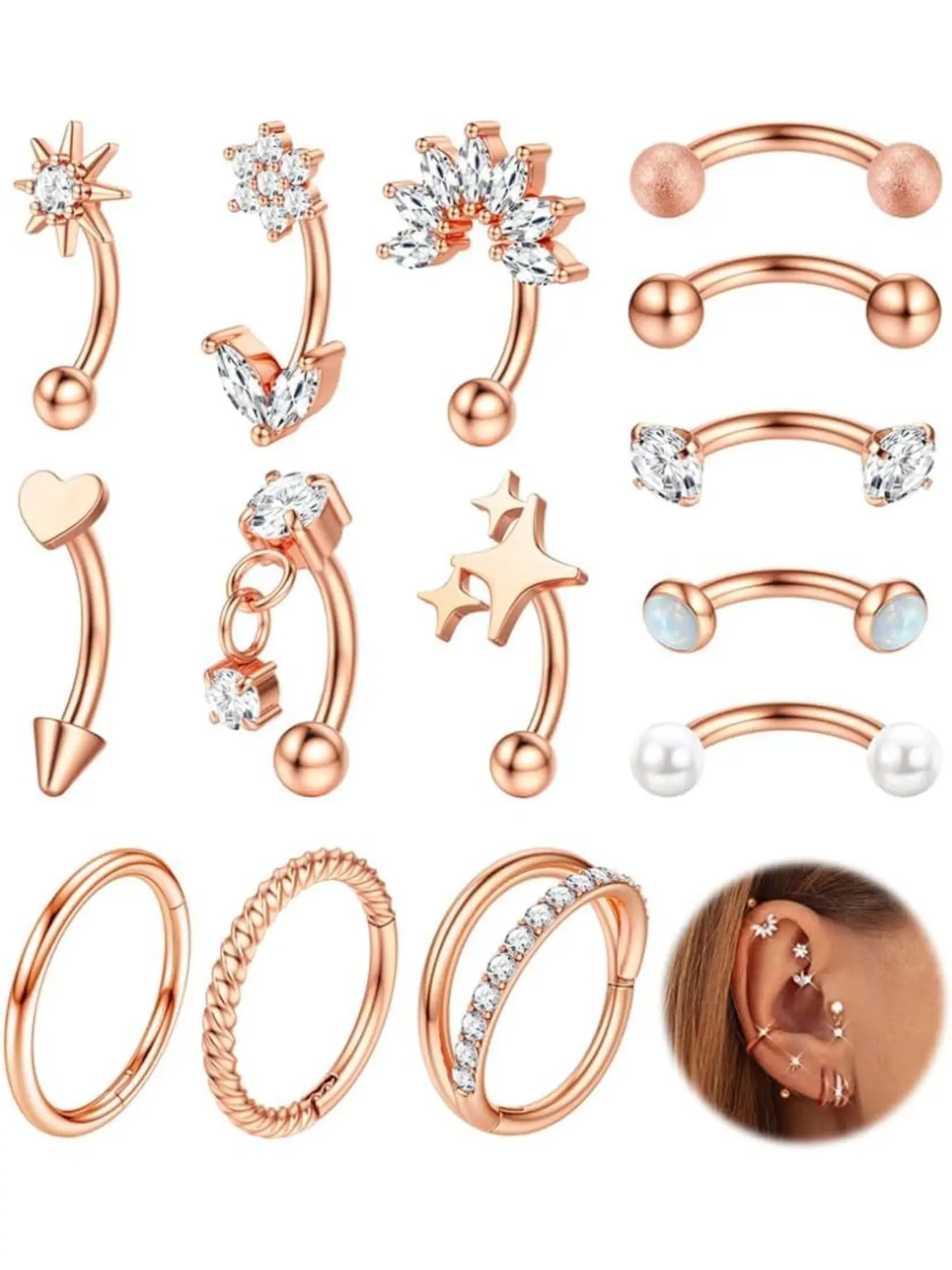 14Pcs 16G Gold Surgical Steel Curved Barbell Piercing Jewelry for Women, Vertical Labret Lip Eyebrow Rings, Rook Daith Tragus Surface Cartilage Piercing Set, Chic Body Jewelry