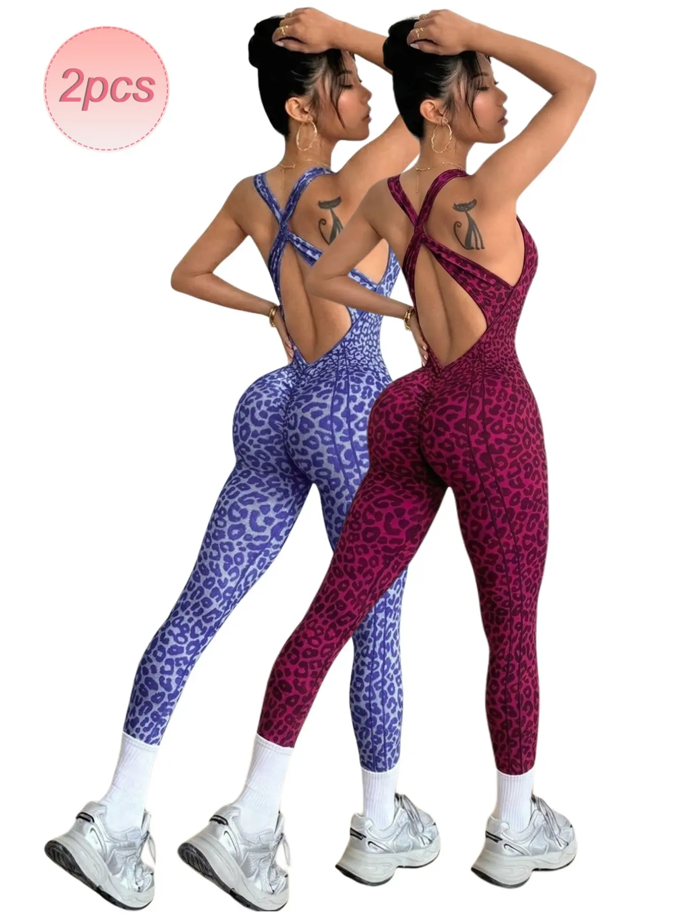 2-Pack Seamless Leopard Print Yoga Pants, High Waist Cross Back Sports Bra, Detachable Pads, Summer Fitness Wear, Sportswear for Gym, Casual Gym, Matching Gym Set, Fitness Activewear