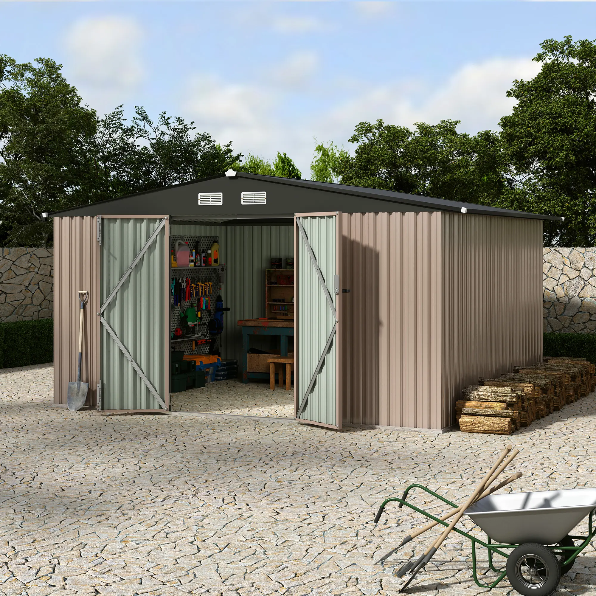 10x12 FT Storage Sheds Outdoor, Tool Shed with Lockable Door, Metals Yard Sheds, Garden Shed Kit, Utility Sheds Buildings with Air Vent for Backyard Garden Patio Lawn, Brown(3 Boxes)