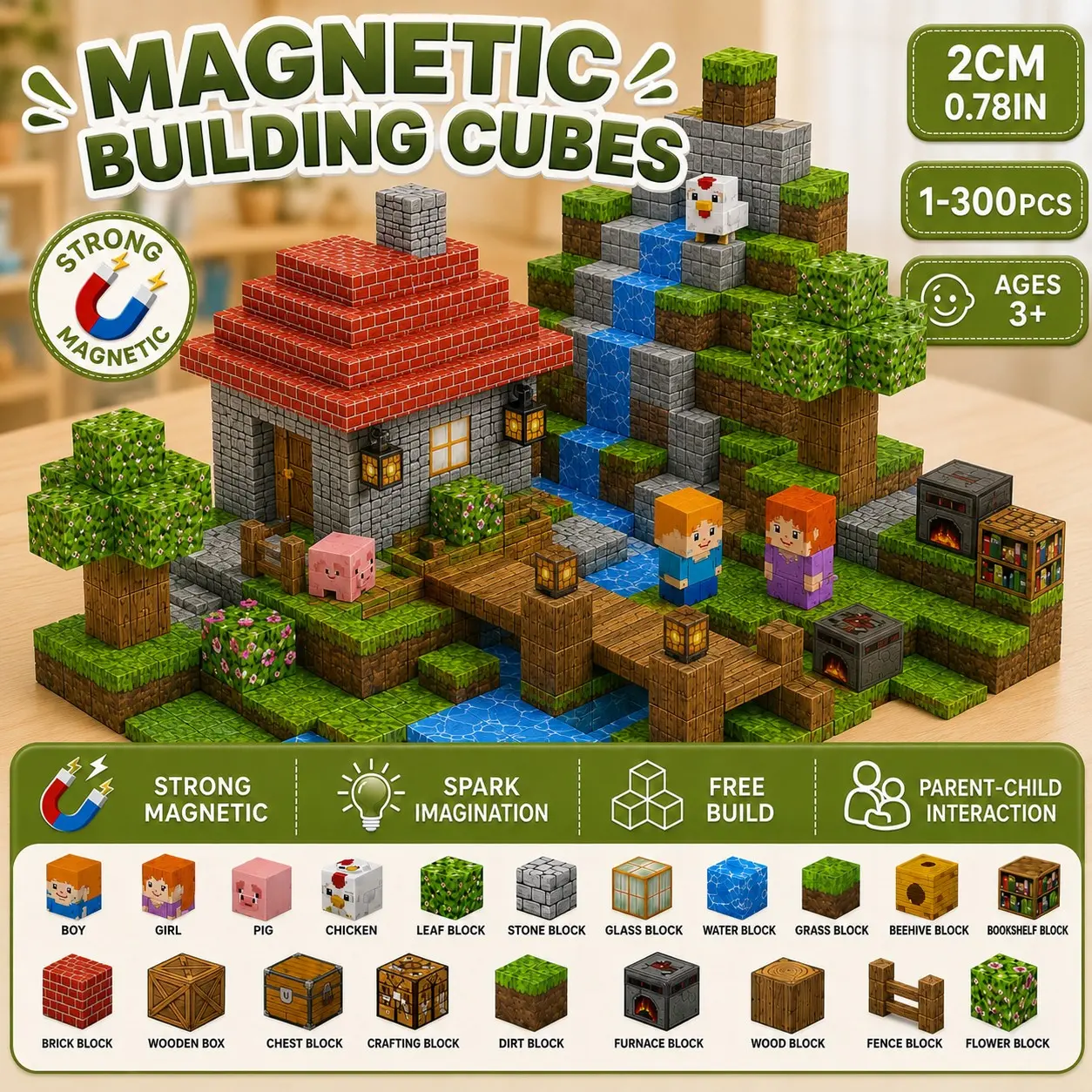 100pcs Magnetic Building Blocks Toy, Jungle World DIY Cube Stem Sensory Playset, Perfect Gift for Kids Ages 3-10, Christmas Birthday New Year Halloween