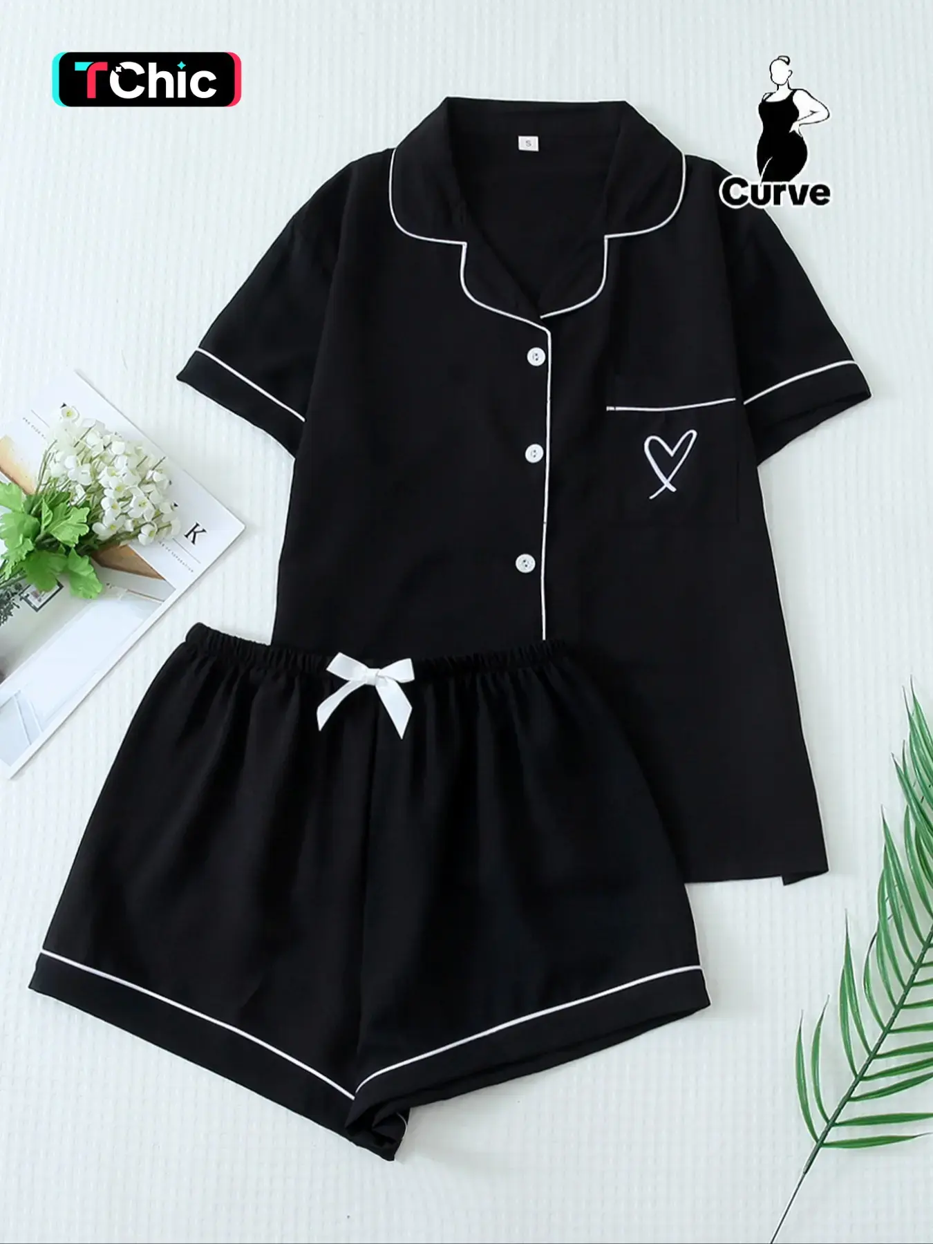 Women's Plus Size Pajama Set Fitted, Summer Short Sleeve Lapel Embroidered Top with Pockets & Bow Shorts, Casual Loungewear, Nightwear, Floral Pattern, Woven Moderate Fabric Outfit Pjs, Basic