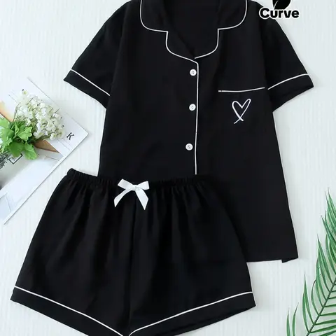 Women's Plus Size Pajama Set Fitted, Summer Short Sleeve Lapel Embroidered Top with Pockets & Bow Shorts, Casual Loungewear, Nightwear, Floral Pattern, Woven Moderate Fabric Outfit Pjs, Basic, Pj Sets