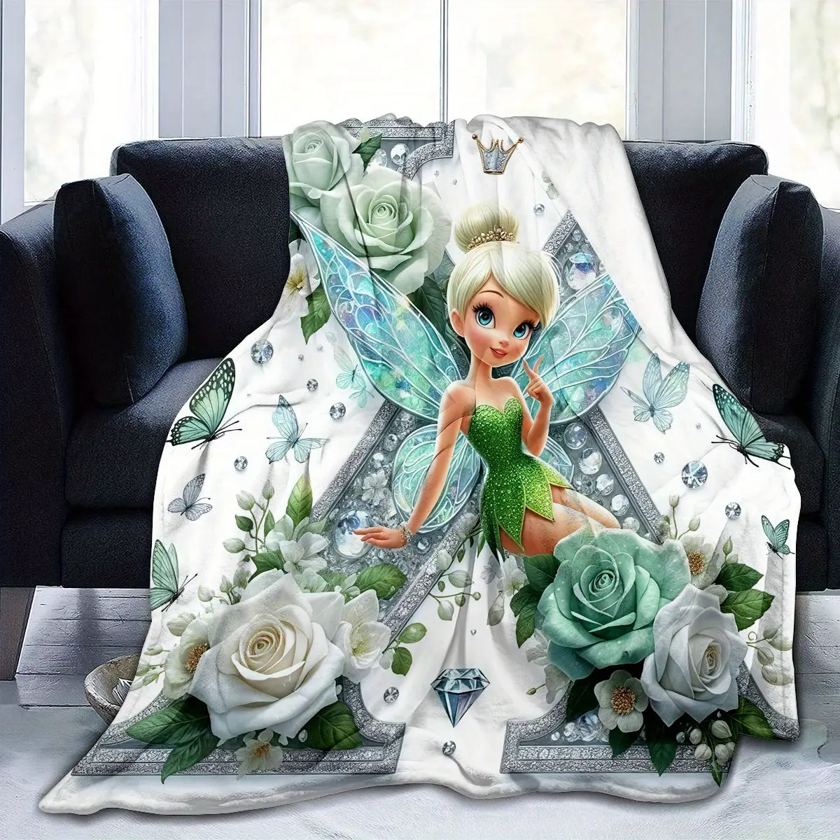 Tinkerbell Floral Butterfly Fleece Blanket - Embellished with sparkling gems, soft and comfortable, suitable for all seasons, home/office/camping, multi-colored blanket