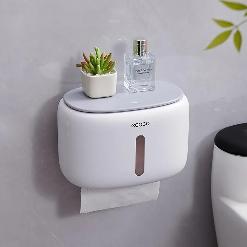 Wall-Mount Rectangular No-Drill Tissue Holder - Bathroom Accessory with Press-Type Dispenser, Storage Shelf for Paper Storage, Practical Modern Bathroom Necessity