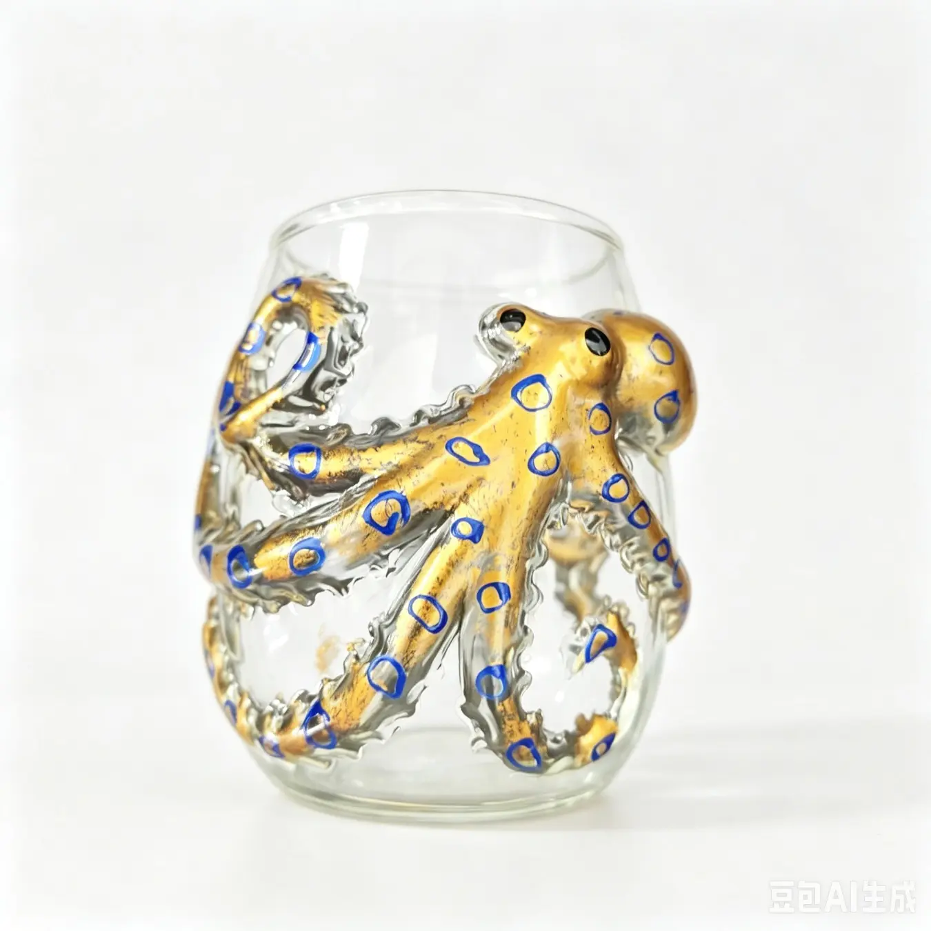 Handcrafted 3D Blue Ringed Octopus Stemless Wine Glass, Artisanal Marine Animal Glassware, Ocean Themed Bar Cup, Coastal Home Decor Gift for Ocean Lovers (Octopus-A)