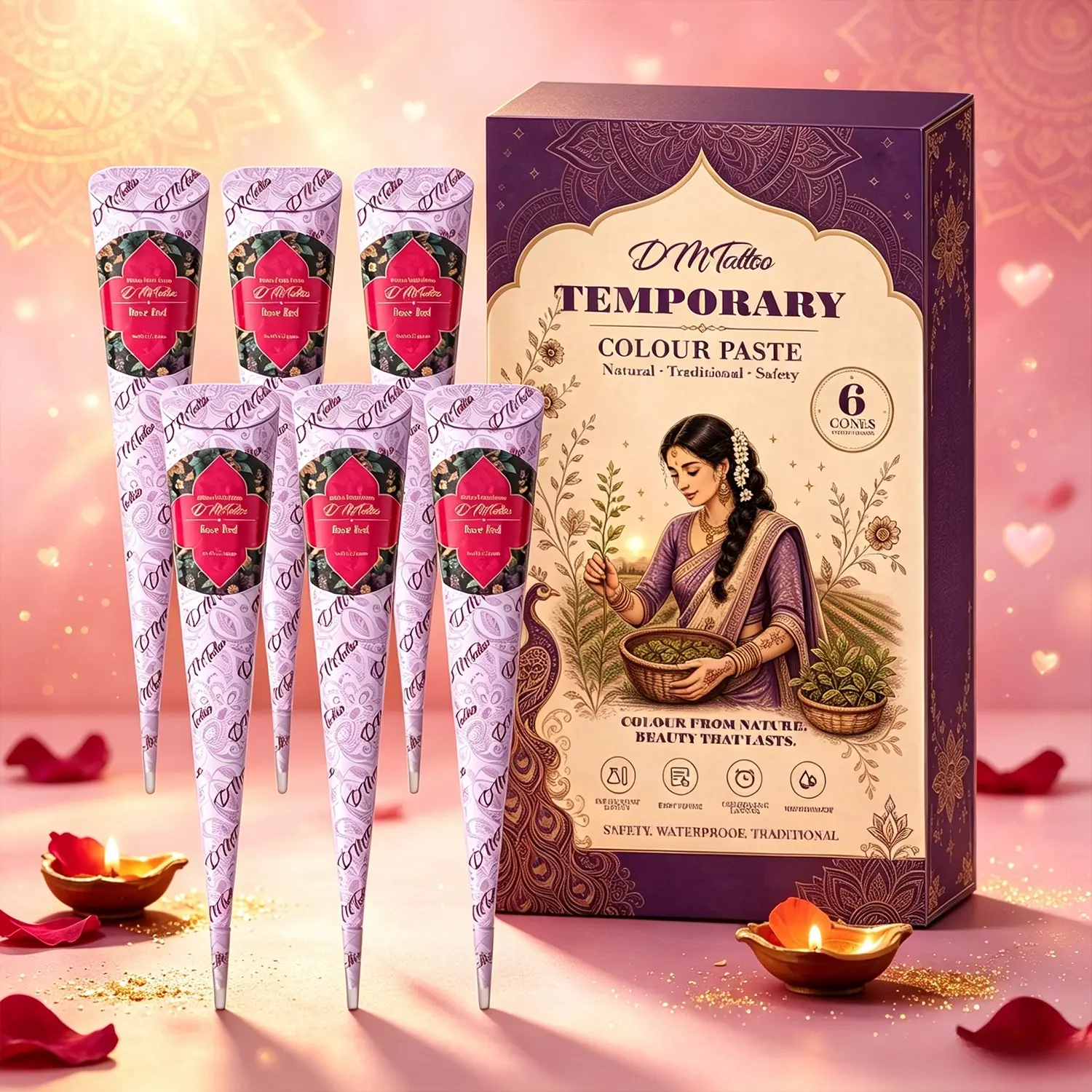 Dual-use home & travel DM 6 plant henna gift kit, Henna Designs, skin-friendly herbal formula creates natural non-smudge waterproof patterns. No tattoo needles needed, DIY body paint supplies for short trips, birthday parties and home crafting.