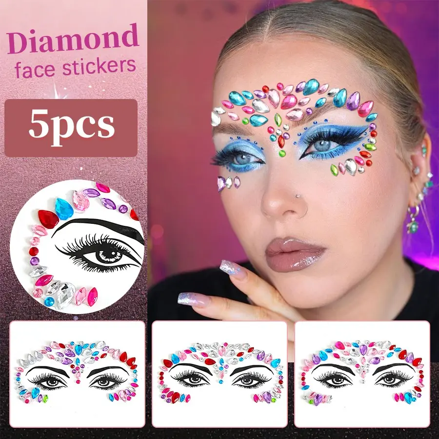 5Pcs Random Colorful Teardrop Face Rhinestone Stickers, Forehead Gem Stickers for Rave & Music Festival, Sparkling Crystal Eye & Face Decorations for Stage Party Photoshoot