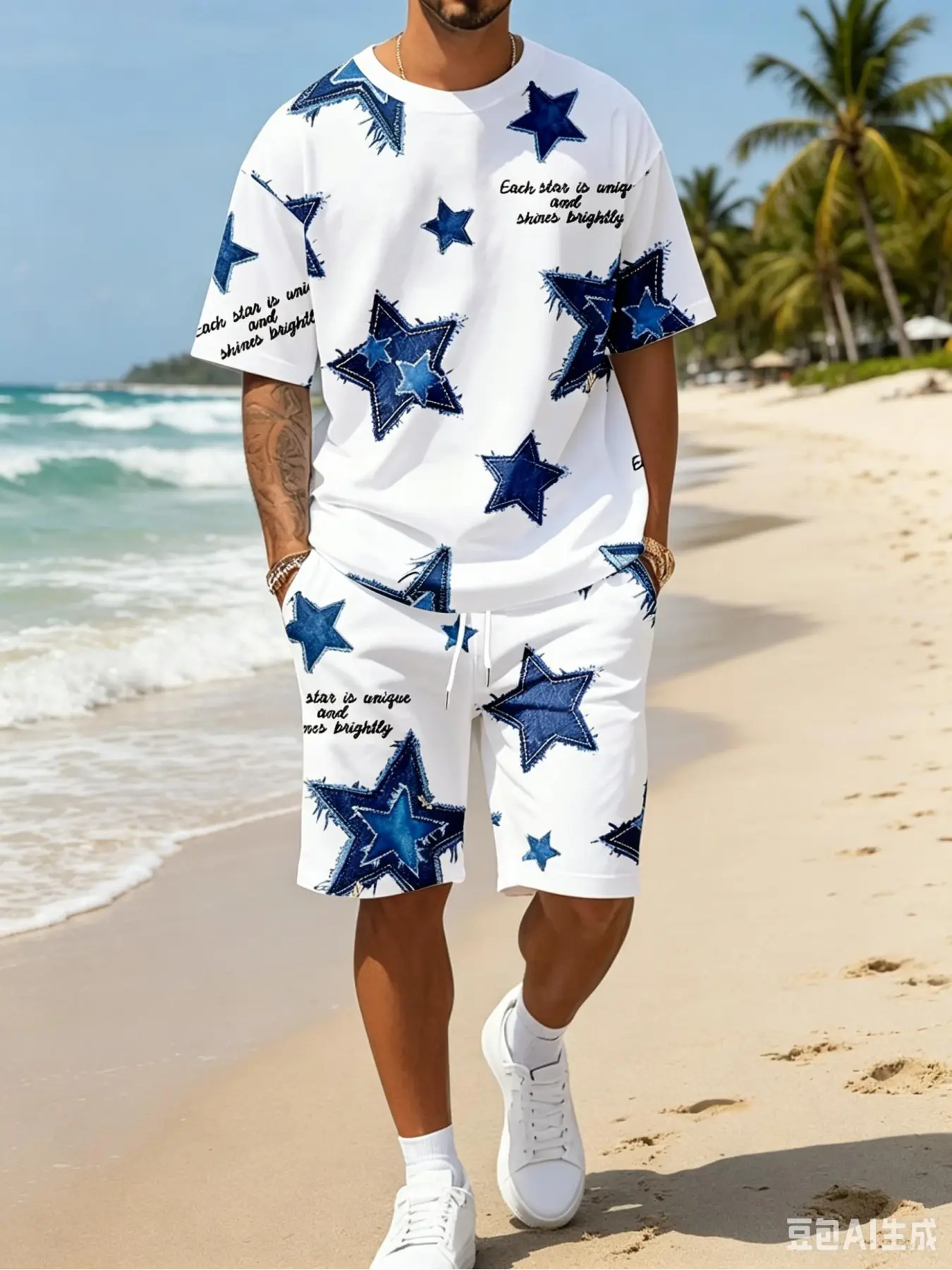 Men's White 2 Piece Outfits Blue Denim Star Print Short Sleeve T Shirt And Drawstring Shorts Summer Casual Tracksuit