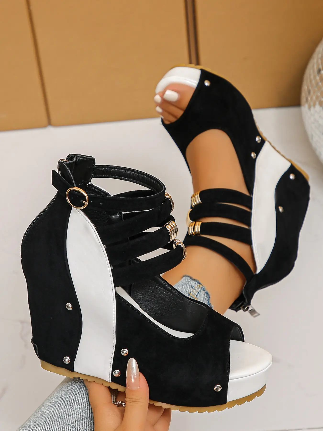 Women's Summer Wedge Heel Thick Sole Sandals, Elegant Party Shoes Fashion Sport Punk Rivet Three Straps Colorblock Chunky Heels, Party Holiday Shoes