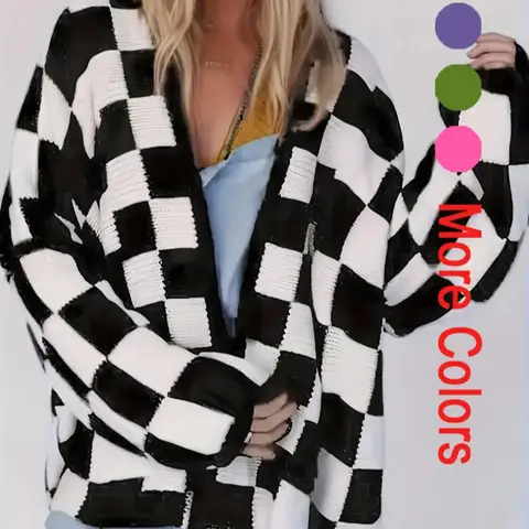 Women's Plaid Print Open Front Knitting Sweater Cardigan, Casual Drop Shoulder Long Sleeve Cardigan for Spring & Fall, Fashion Women's Knit Clothing for Daily Wear Knitwear