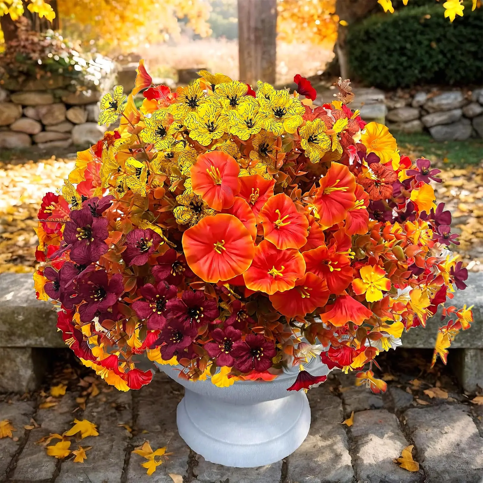 21pcs Artificial Fall Flowers Bouquet, 7 Types Fake Plants for Indoor Outdoor, UV Resistant, Wedding Thanksgiving Halloween Decor