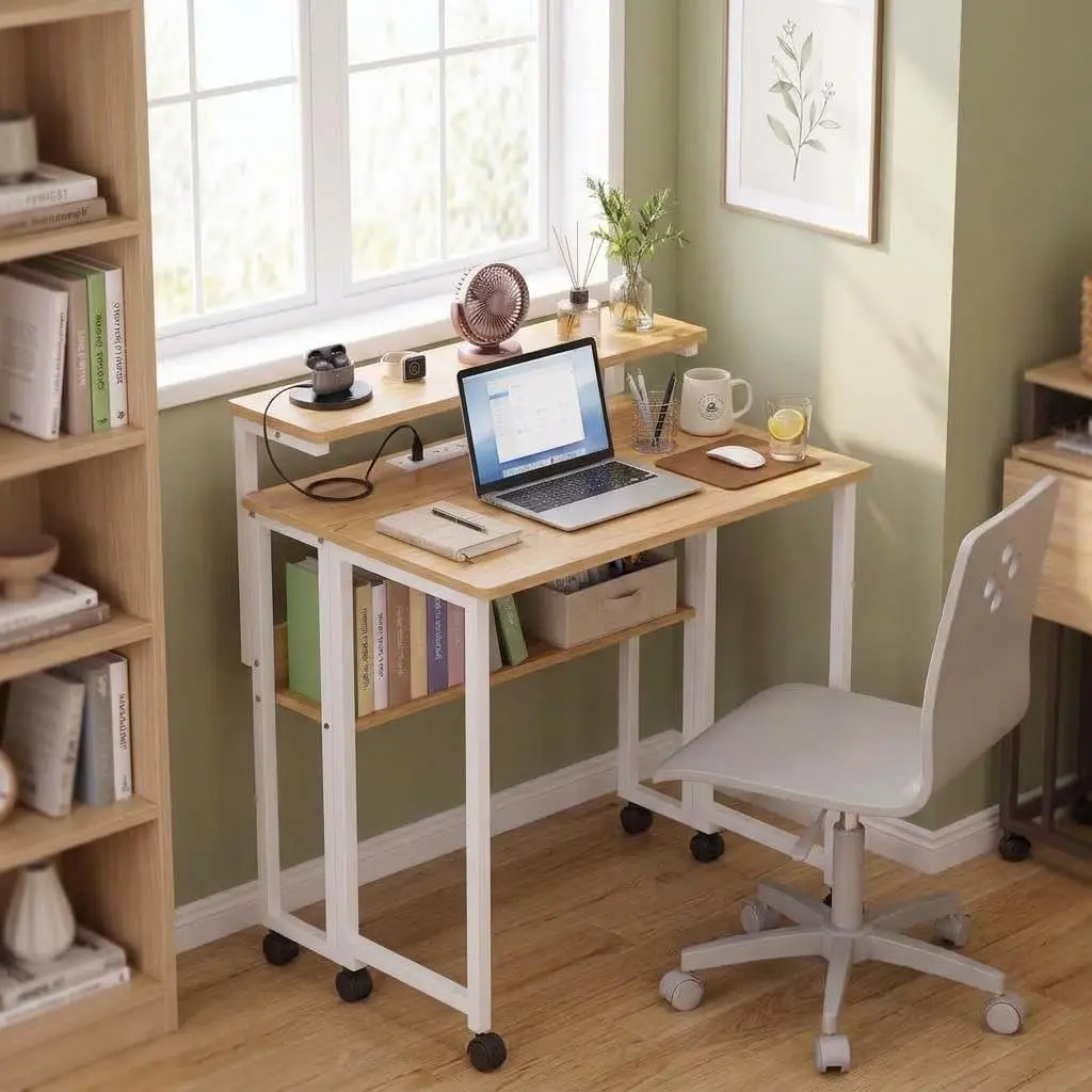 Foldable Rolling Computer Desk with 3-Position Adjustable Monitor Shelf | 3-Position Monitor Shelf; Space-Saving Fold-Flat Design; 6 Smooth Swivel Wheels