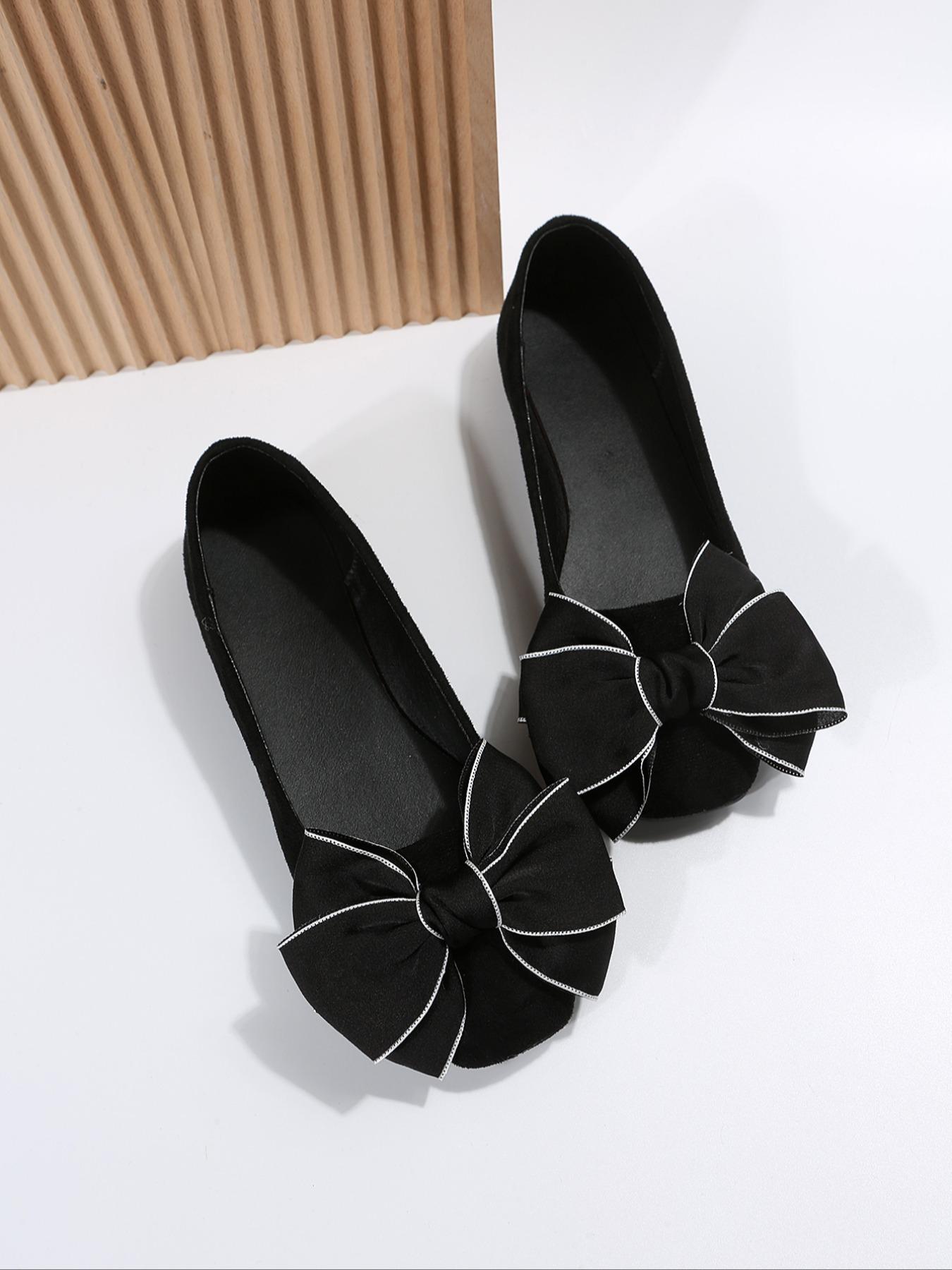 Women's Elegant Bow Decorated Slip on Flats, Trendy Contrast Binding Square Toe Flat Shoes, Fashionable Shoes for Daily Wear