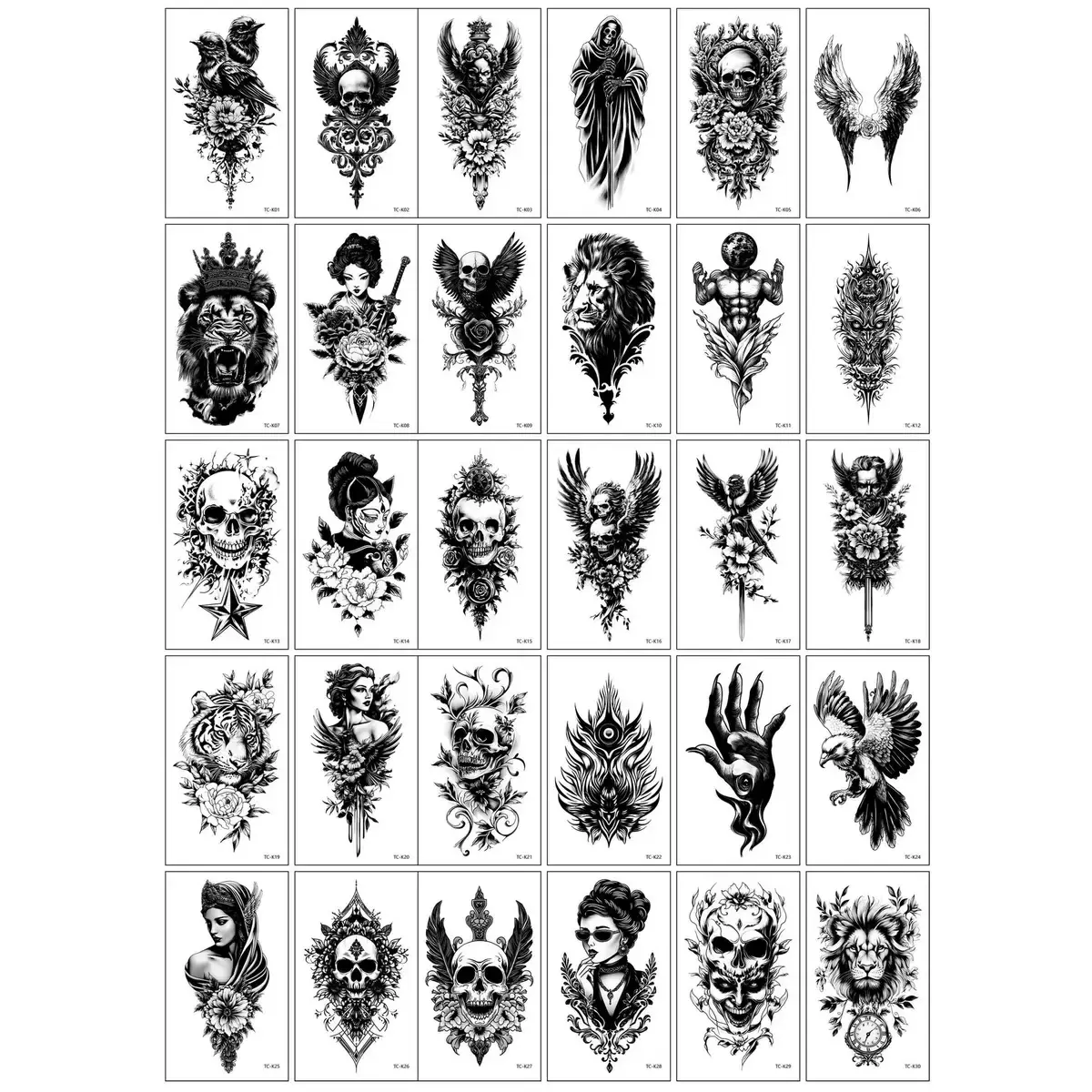 30Pcs Unisex Dark Horror Fake Tattoos, Skull Heart Flower Pattern Waterproof Body Makeup Temporary Stickers