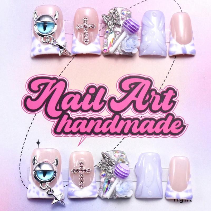 Y2K Style Duckbill Shaped Fake Nails, 10pcs/set Rhinestone Decor Fashion Press on Nails for Women & Girls, DIY Nail Art Supplies