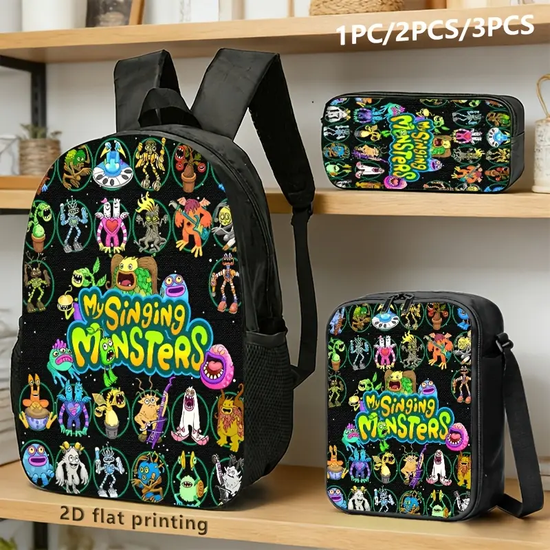 Singing Monsters Themed 1-3 Piece Backpack Set with Lunch Bag & Pencil Case - Retro Polyester Back to School School Supplies with Zipper, Vibrant Cartoon Design for Trendy Lovers