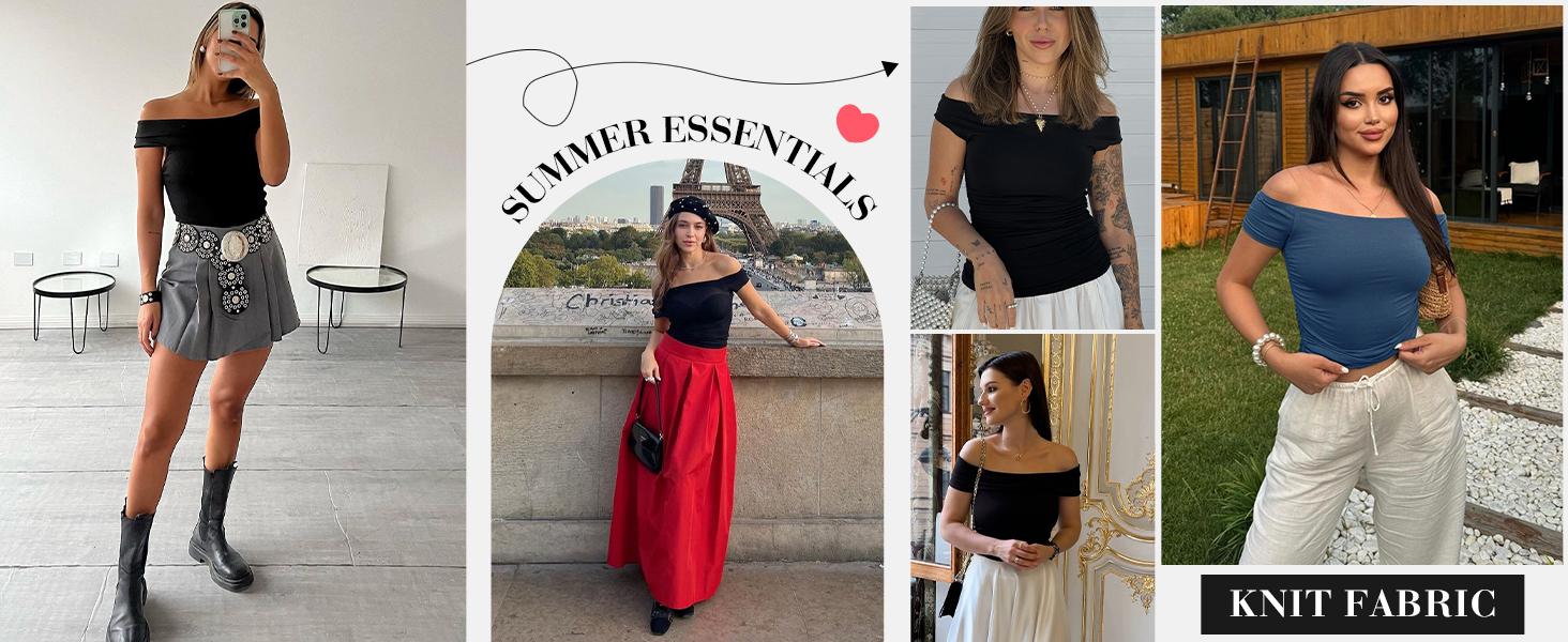 Womens Off The Shoulder Tops Summer Short Sleeve Slim Fit T Shirts Sexy Y2k Going Out Crop Tops