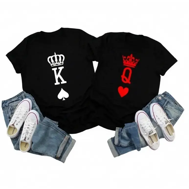 King & Queen of Spades and Hearts Prints T-Shirt Pair - Men's Unisex Couple Garment, Round Neck, Shortsleeve, Casual, All-Season Knitted Fabric, Fitted Fit, Basic Style, Tee