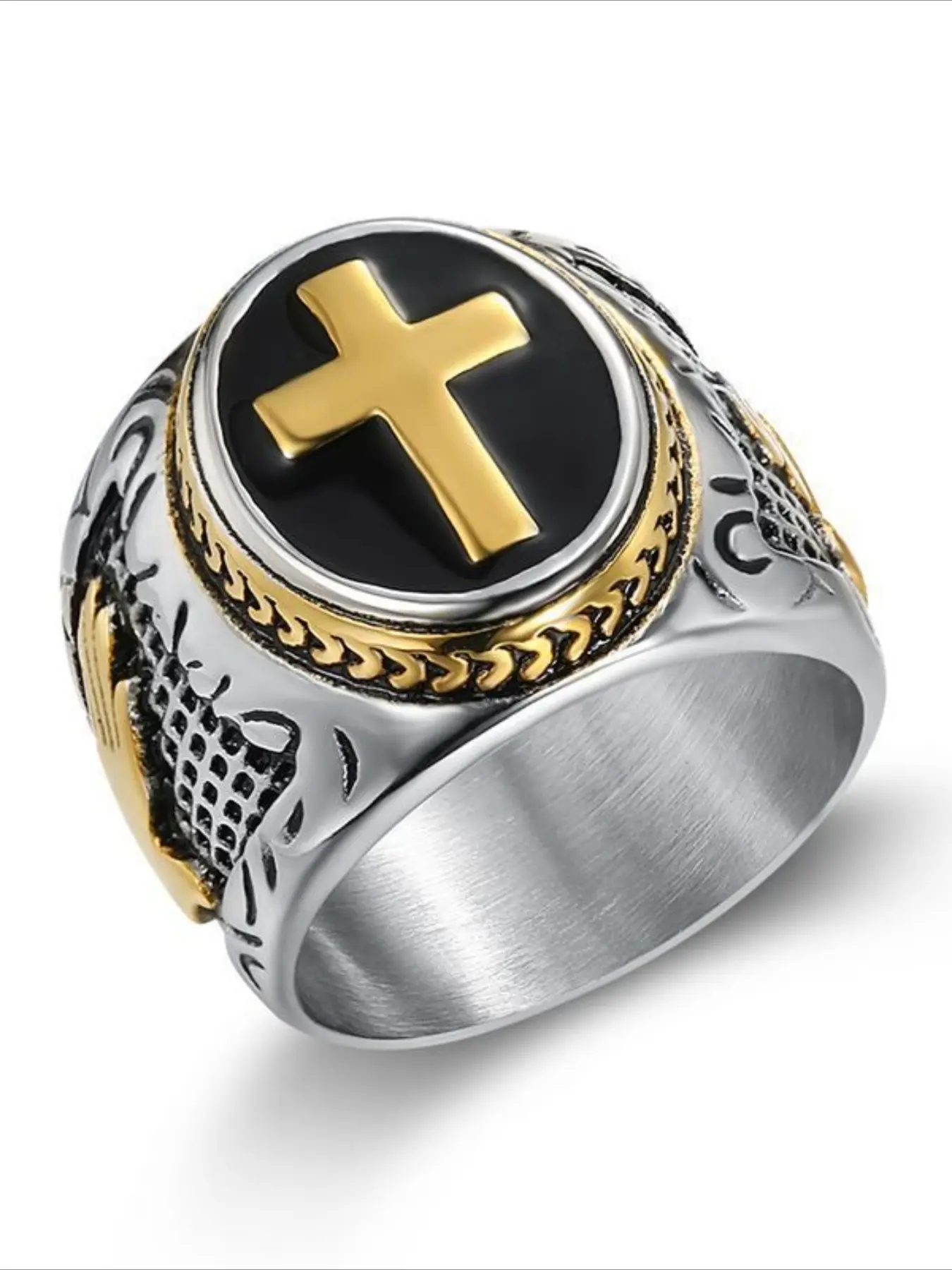 Titanium Steel Gold Plated Vintage God Hand Cross Ring Symbol of Faith Devotion Trendy Bold Jewelry