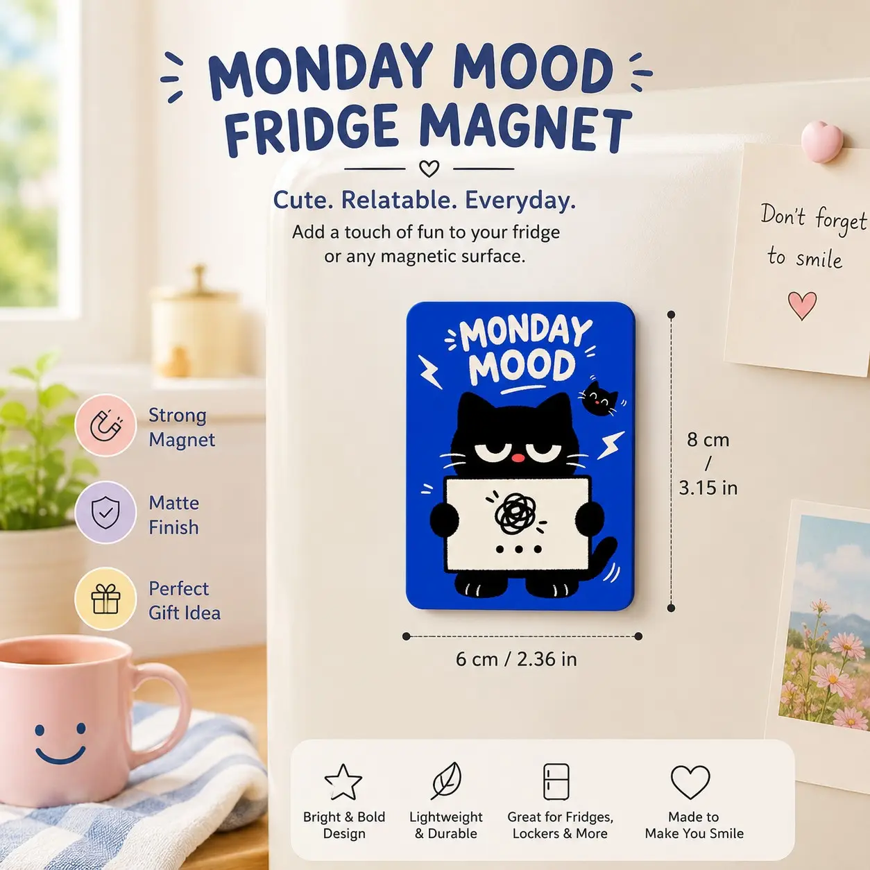 Cute Cat Fridge Magnet, Fun Monday Mood Fridge Magnet, Kitchen Decor, Gift for Cat Lovers, Magnetic Field Above 200 Nt
