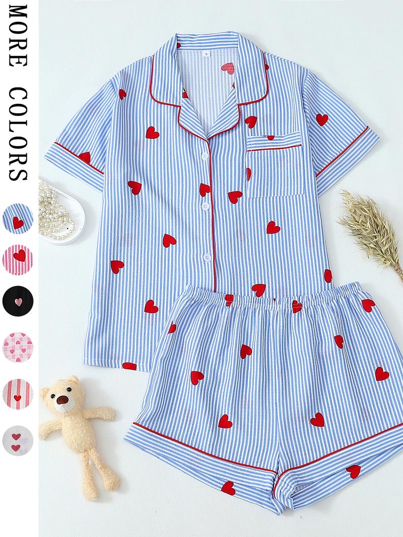 Valentine's Day Spring Summer Romantic Blue Striped Heart Elegant Short Sleeve Shorts Pajama Set for Women, Cute Fitted Homewear