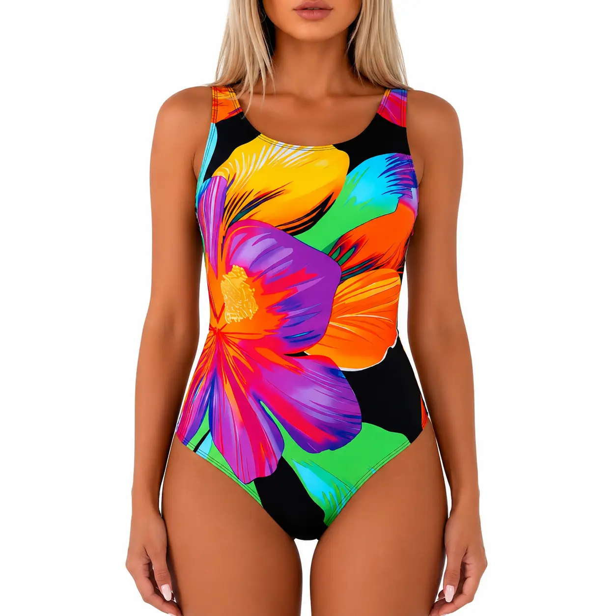 Women's 2026 New Tropical Floral 1-Piece Swimsuit, Scoop Back, Tummy Control, Boyleg Full Coverage, Statement Print Athletic Swimwear for Beach Pool Vacation