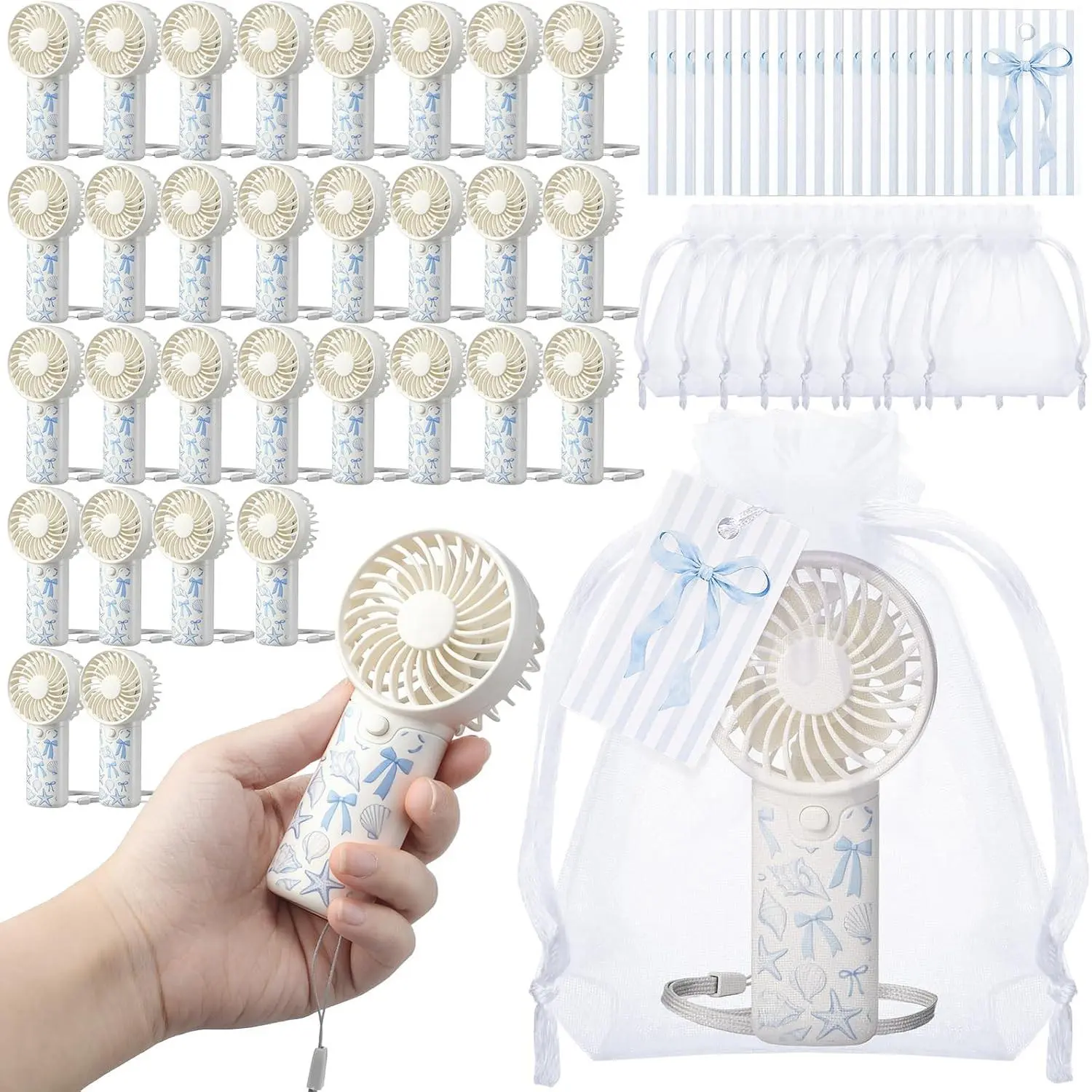 30 Pcs Bulk Plastic Round Coastal Mini Portable Battery-Powered Handheld Fans, Gender Reveal Gift for Wedding Guests, Summer Party Favors (Beach, Baby Shower, Bridesmaid Supplies), Room Decor, Birthday