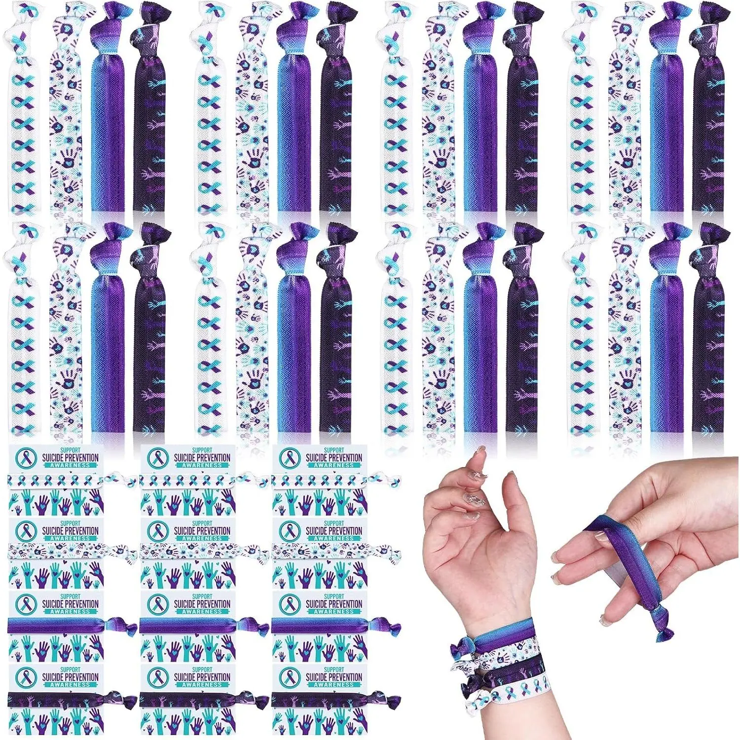 48 Set  Prevention Awareness Wristbands and Support Cards  & Teal Stretch Wristband Bracelets Ribbons Hair Ties for Adult Gifts Fundraising Public Event Advocacy Charity Campaign Supplies