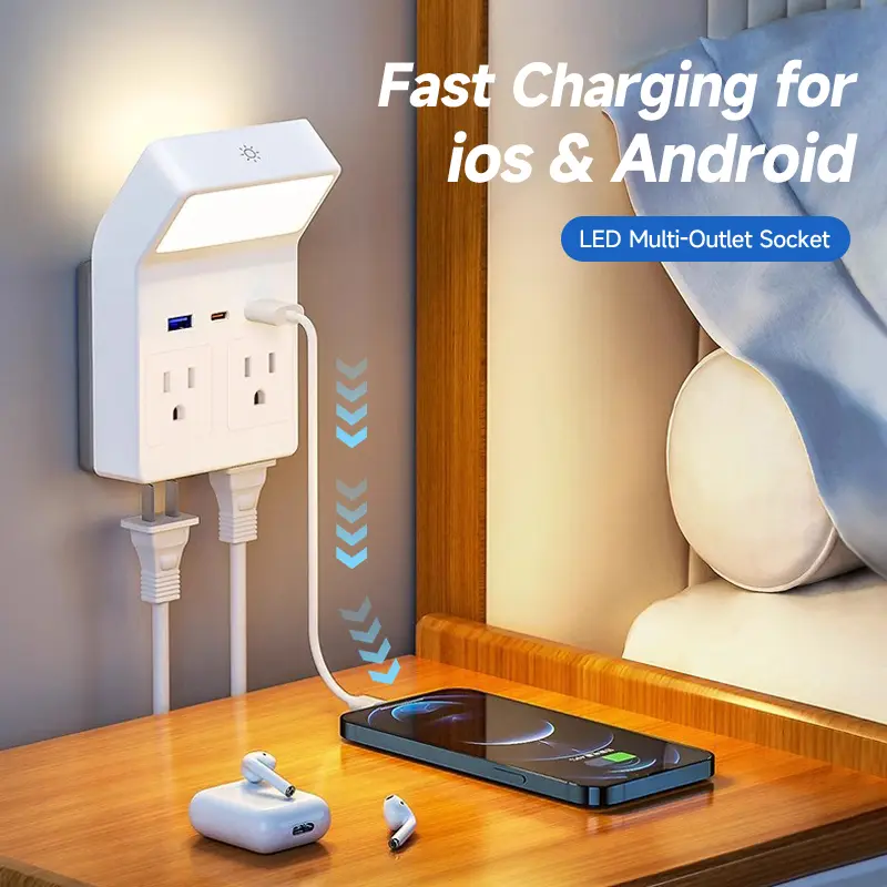 JFQIT Surge Protector Outlet Extender with Front & Back Night Lights, 20W PD Fast Charging, 3 USB Ports (1 USB-C) Wall Charger, Multi-Plug Wall Socket Expander for Home, RV
