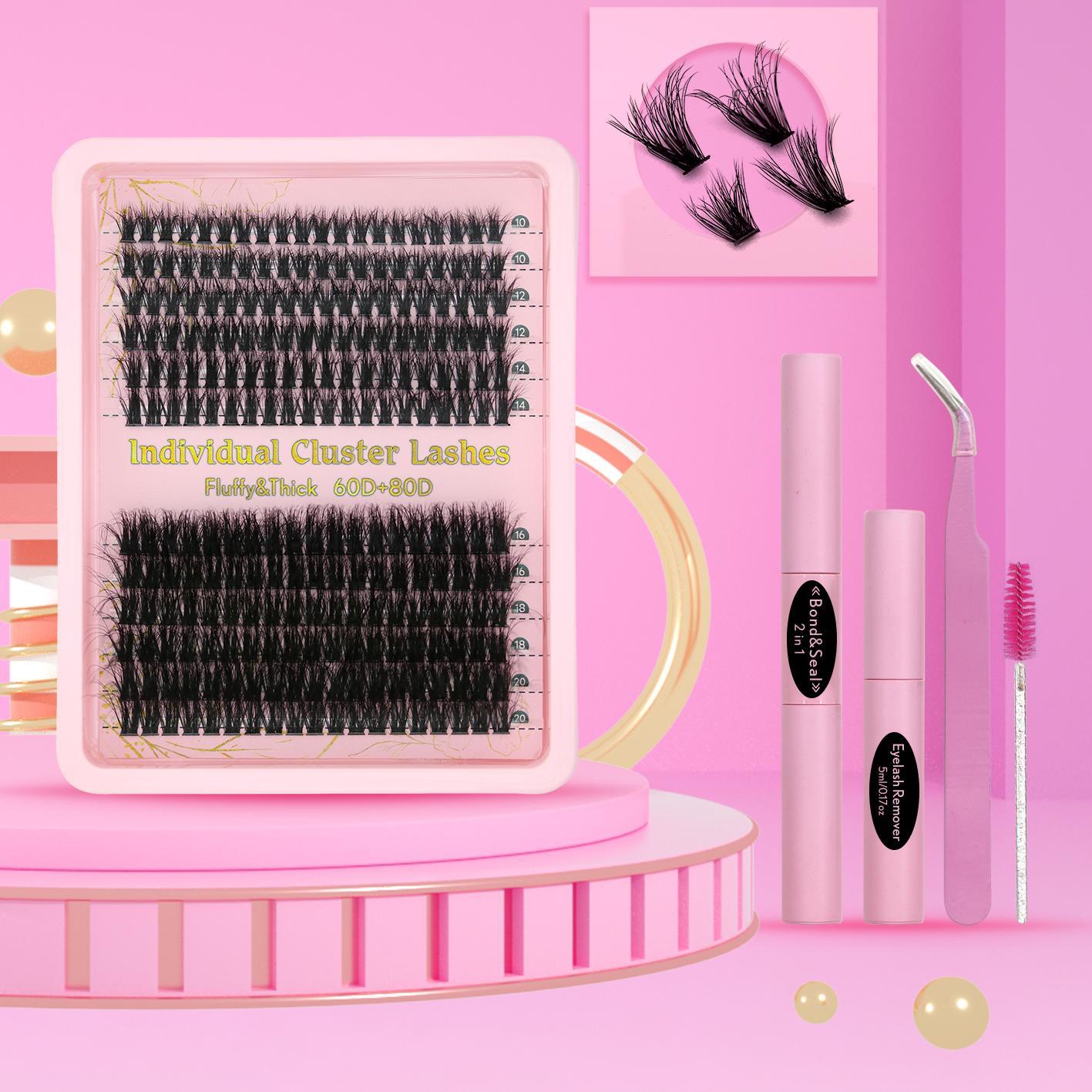 10-20mm Cluster Eyelashes Extensions, 1 Set Eyelash Cluster Kit with Tweezers, Glue, Remover & Brush, DIY Eyelash Kit, Volume Focused Lashes, False Eyelash Set