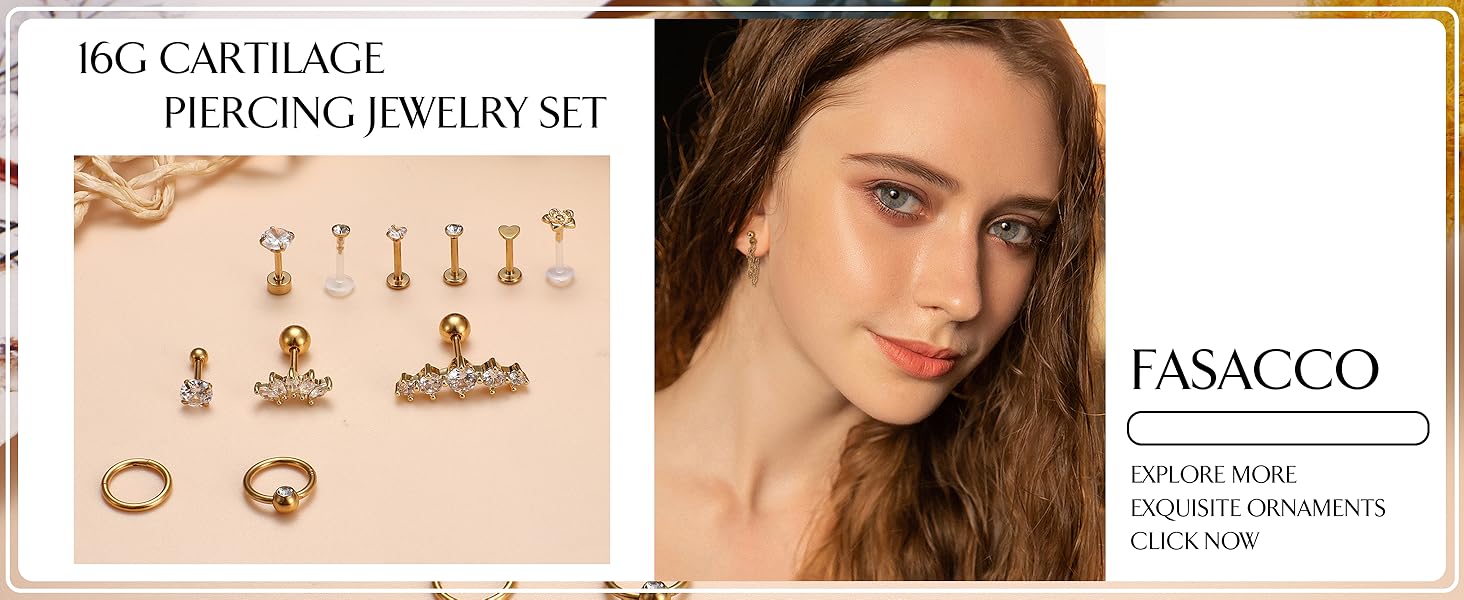 FASACCO 25 Count 16G Cartilage Piercing Jewelry Surgical Steel Helix Piercing Jewelry Forward Helix Earrings Conch Hoop Cartilage Earring Stud