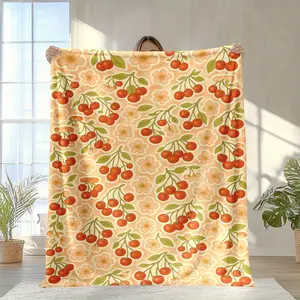 1Pc Cherry And Floral Pattern Blanket, Soft And Warm, All Seasons Universal Sofa, Bed, Camping, Travel, Office Decoration - Warm Autumn Home Gift, Suitable For Thanksgiving, Halloween, Christmas, Gift Blanket, Flannel Fabric