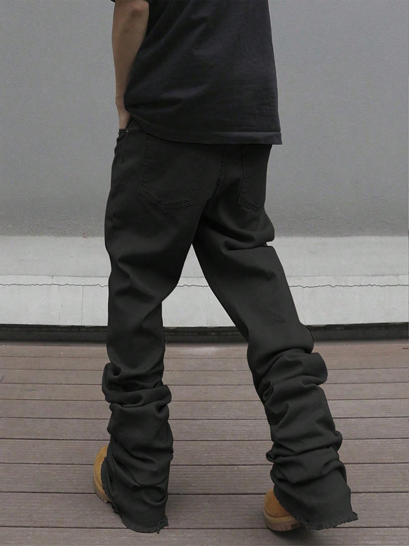 Men's Plain Solid Color Button-Fly Flared Jeans Pants - Slim-Fit & Casual Streetwear Style, Comfortable with Pockets, Featuring Frayed Cuff Design. Suitable for Daily Wear; Also a Versatile All-Season Bottom for Men (Extended Fit)