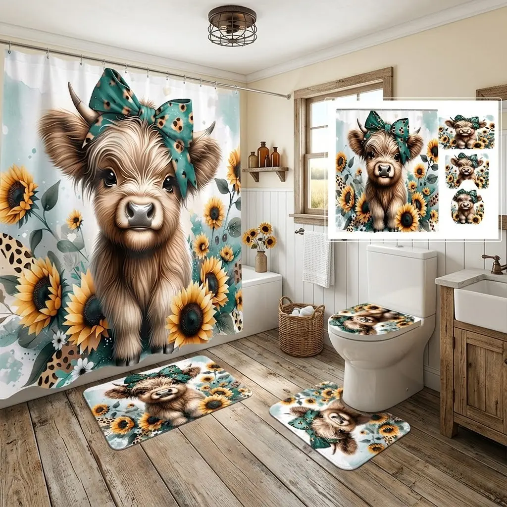4pcs Cute Highland cow teal leopard bow sunflower watercolor bathroom shower curtain sets, with matching bath mat and toilet seat cover,The floor mat fabric is thicker and softer!  creating a stylish farmhouse bathroom