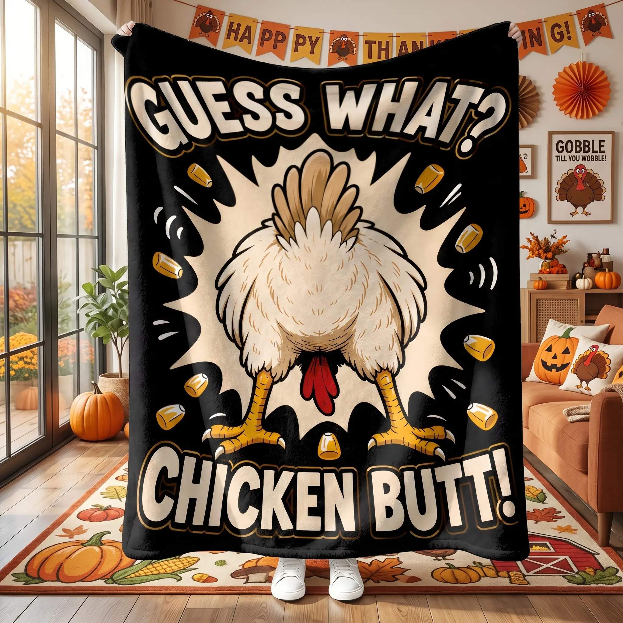 1pcs Funny Guess What Chicken Butt Flannel Blanket, Soft Warm Blanket, Cozy Soft Fleece Throw with Cartoon Rooster Butt & Corn Kernels, Hilarious Thanksgiving Christmas Gag Gift for Sofa Couch Bed