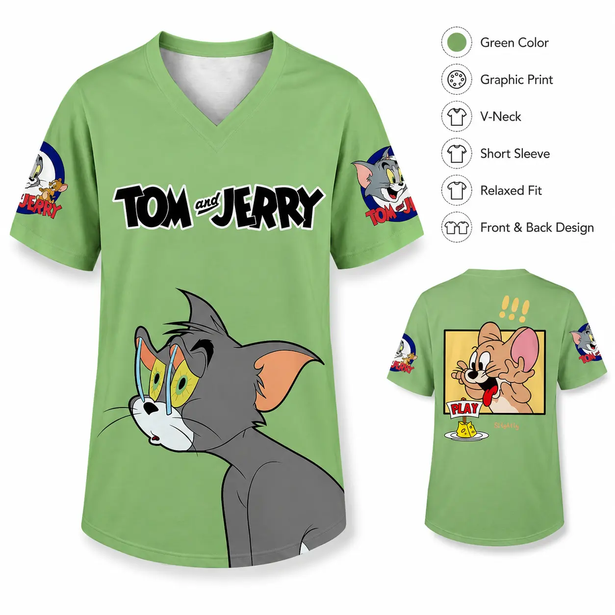 Tom and Jerry Graphic V-Neck Shirt, Green Short Sleeve Relaxed Fit Front & Back Cartoon Tee, Retro Character Top for Casual Summer Streetwear,outfits,men's wear,men fashion,summer men fashion clothes,football jersey,fan cheering,telenovela fan accessory