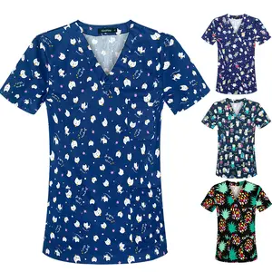 Printed nurse uniform, short-sleeved scrub shirt for female doctors, summer thin cotton workwear for housekeeping, beauty, and pet salon, unisex