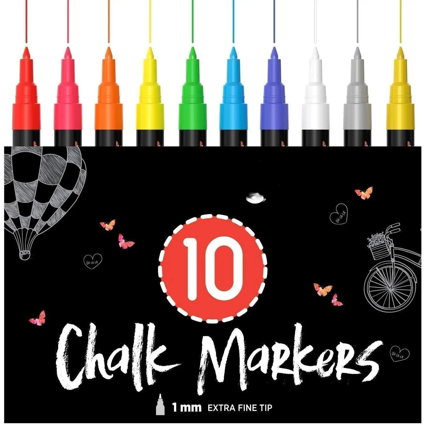 10 Extra Fine Tip Liquid Chalk Markers - 1mm, Chalk Pens with  &  | Erasable Dry Erase Marker Pens for Blackboard, Windows, Chalkboard Markers, Bistro, Restaurants - Thin Point Chalk Pens Set